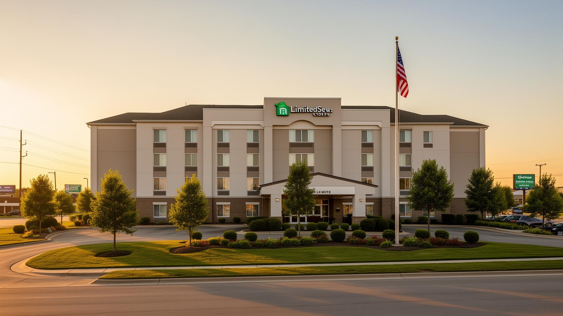 Suburban limited-service hotel in the American Midwest at golden hour