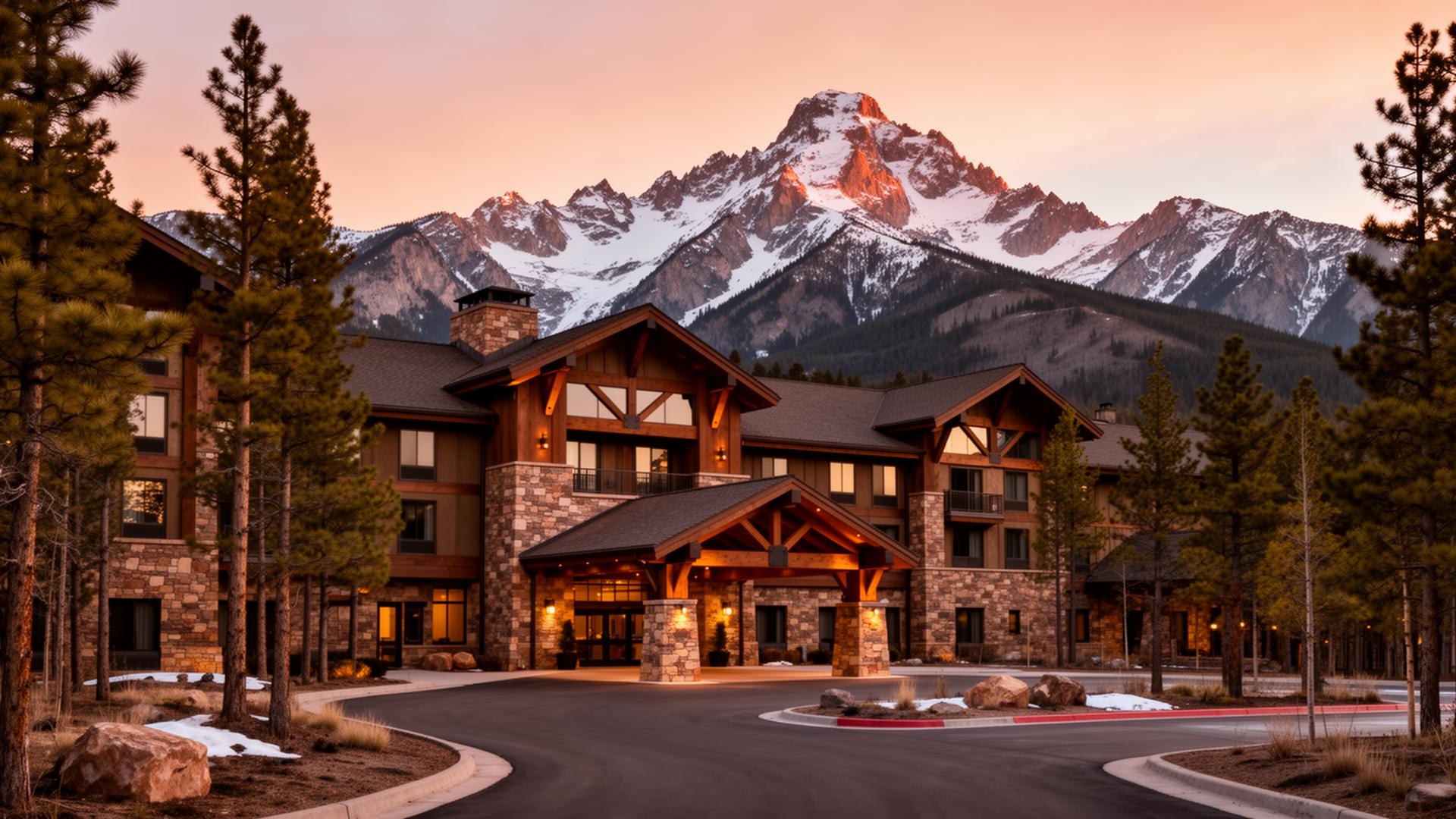 Mountain lodge hotel with snow-capped peaks in Colorado