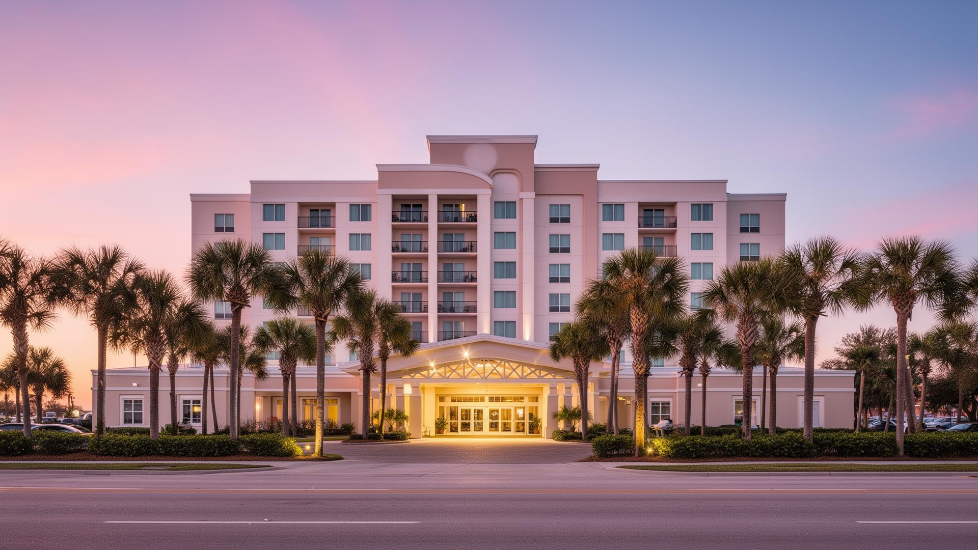 Mid-scale coastal hotel with palm trees in the Southeast at dusk