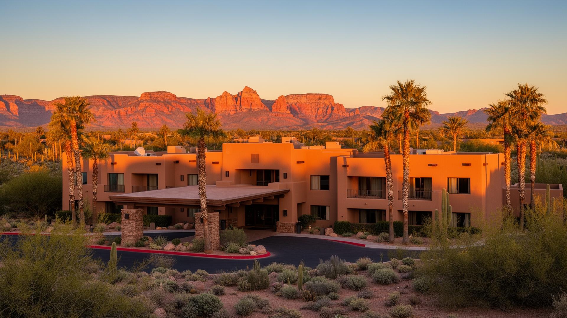 Southwestern desert hotel in Arizona with red rock backdrop