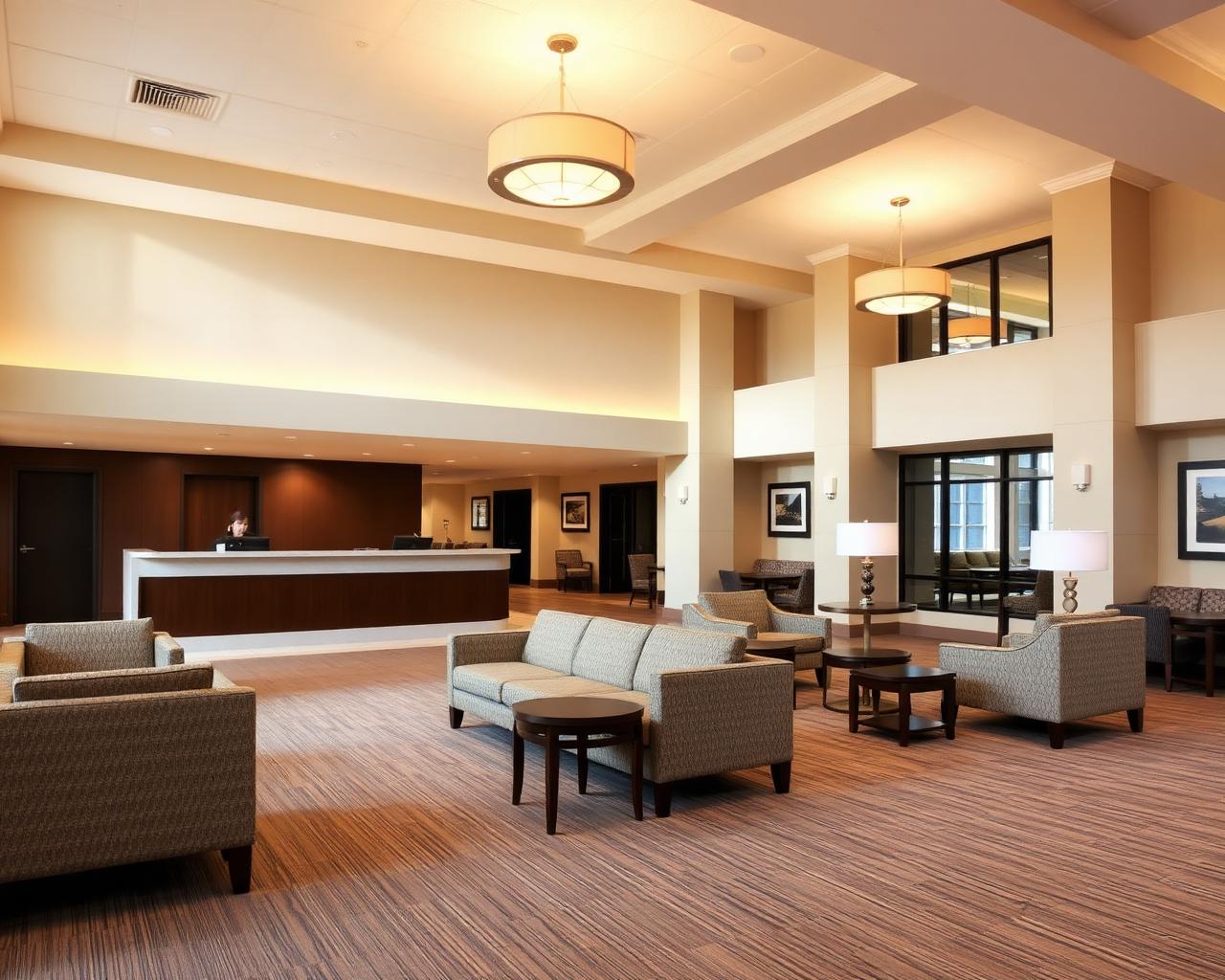 Interior of a mid-scale hotel lobby and front desk area