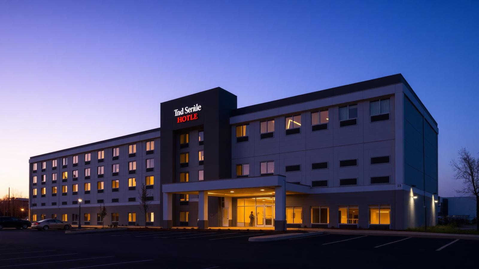 Modern mid-scale American hotel exterior at dusk