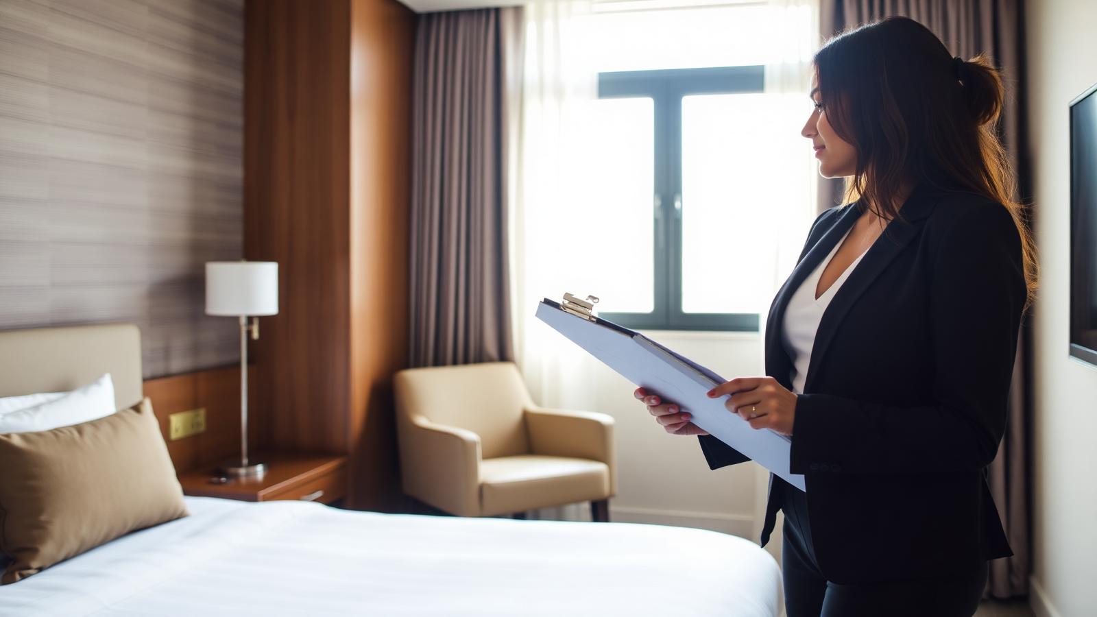 Inspector with clipboard reviewing a hotel guestroom