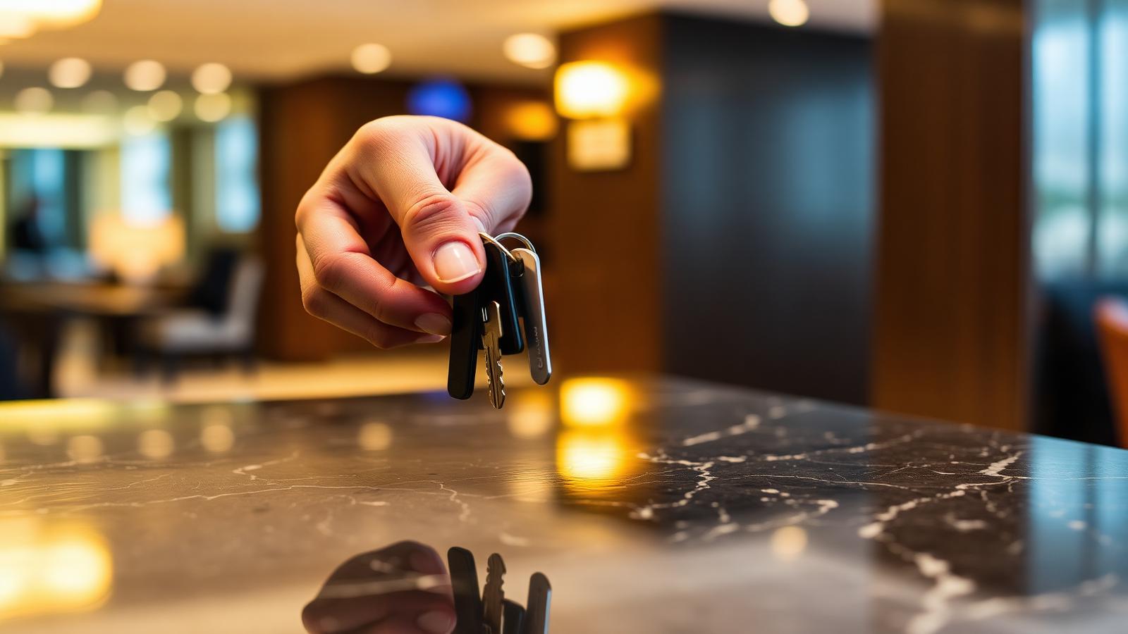 Hotel keys being handed across a front-desk counter